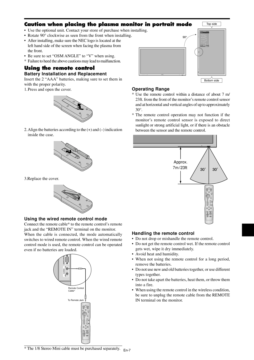 NEC PX-42XM4A Using the remote control, Battery Installation and Replacement, Using the wired remote control mode, 7m/23ft 