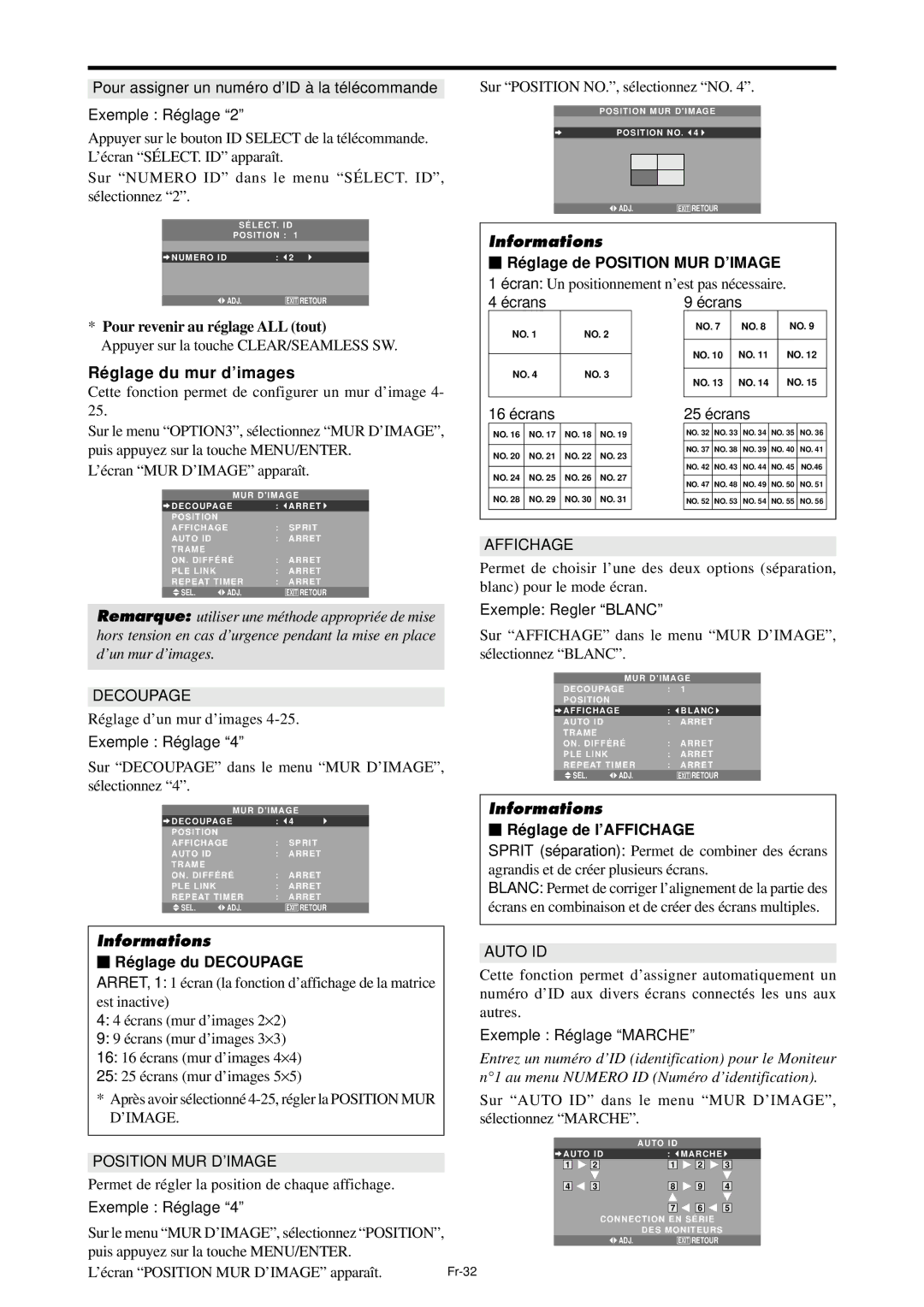 NEC PX-42XM4A, PX-61XM4A manual Ré glage du mur d’images,  Ré glage de Position MUR D’IMAGE, Crans 16 é crans 25 é crans 