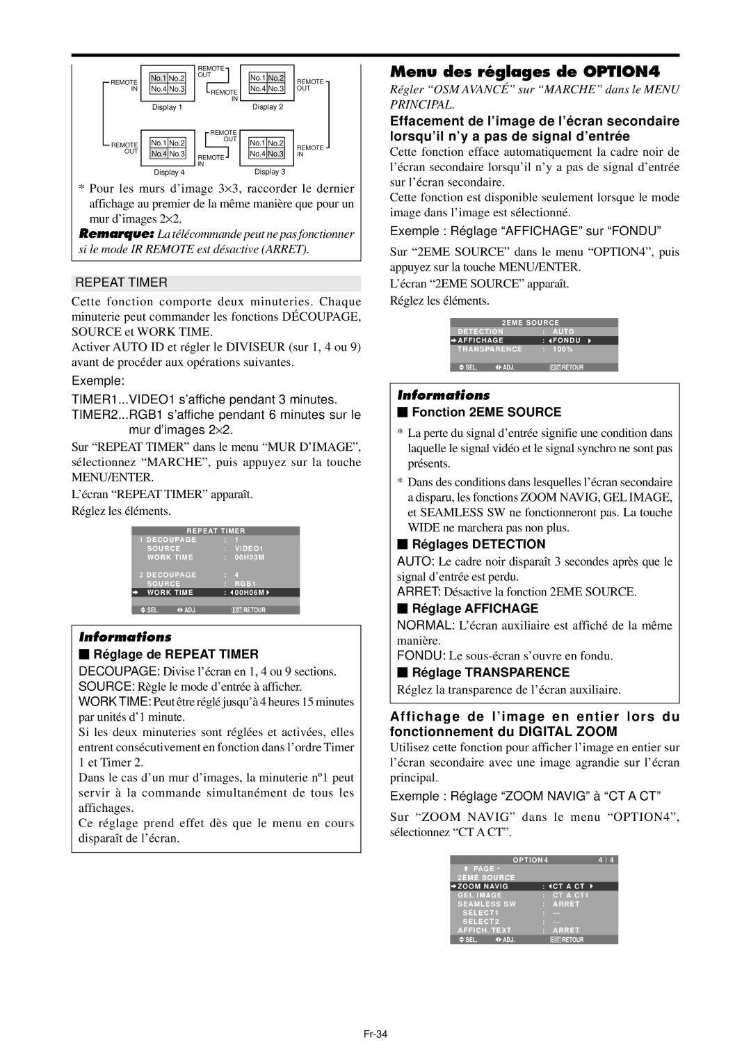 NEC PX-42XM4A, PX-61XM4A Menu des réglages de OPTION4,  Fonction 2EME Source,  Ré glages Detection,  Ré glage Affichage 