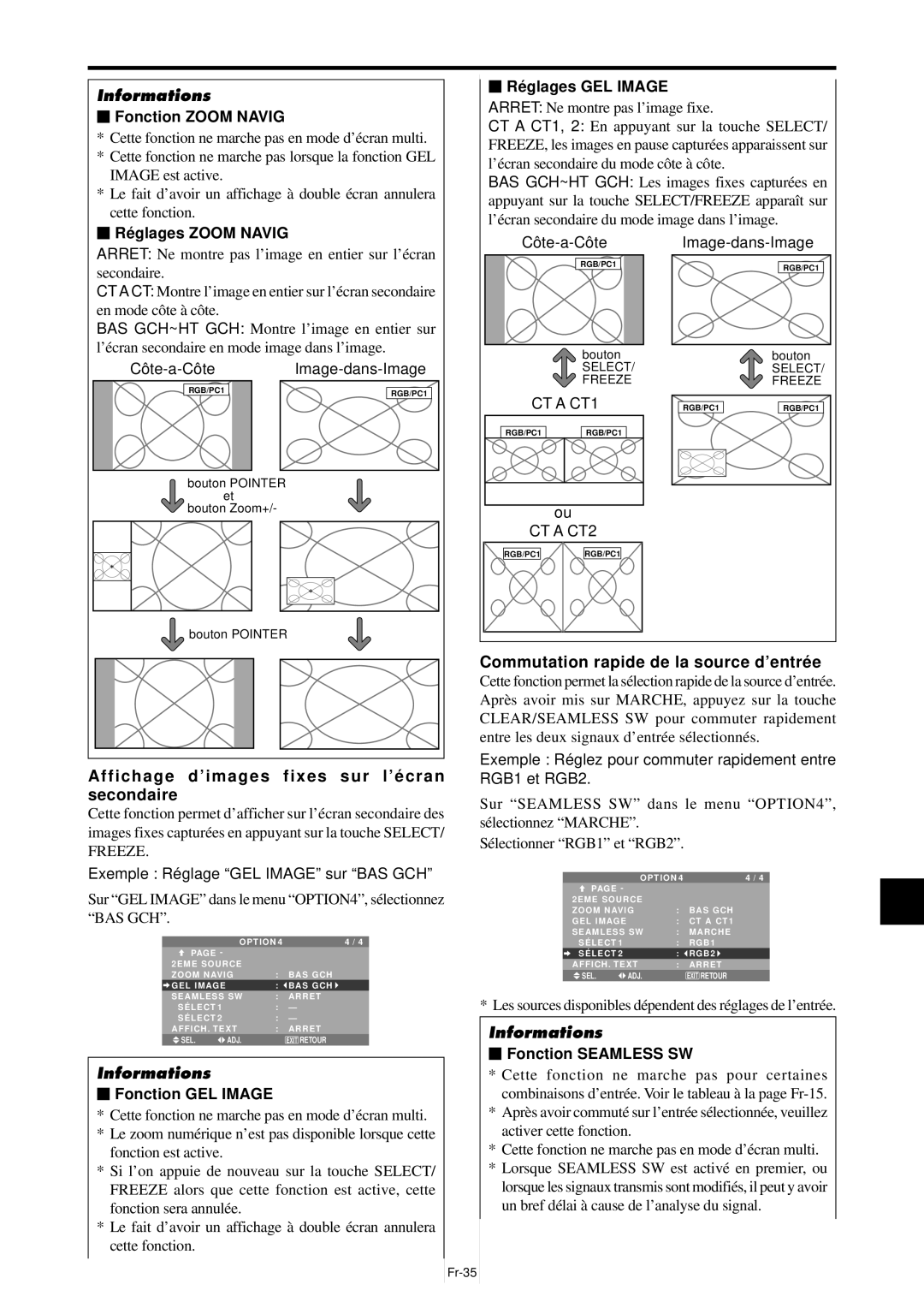 NEC PX-61XM4A manual Affichage d’images fixes sur l’é cran secondaire, Commutation rapide de la source d’entré e, CT a CT1 