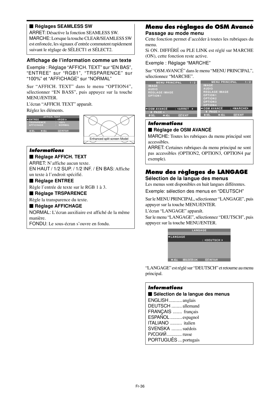 NEC PX-42XM4A Menu des réglages de OSM Avancé, Menu des réglages de Langage, Affichage de l’information comme un texte 