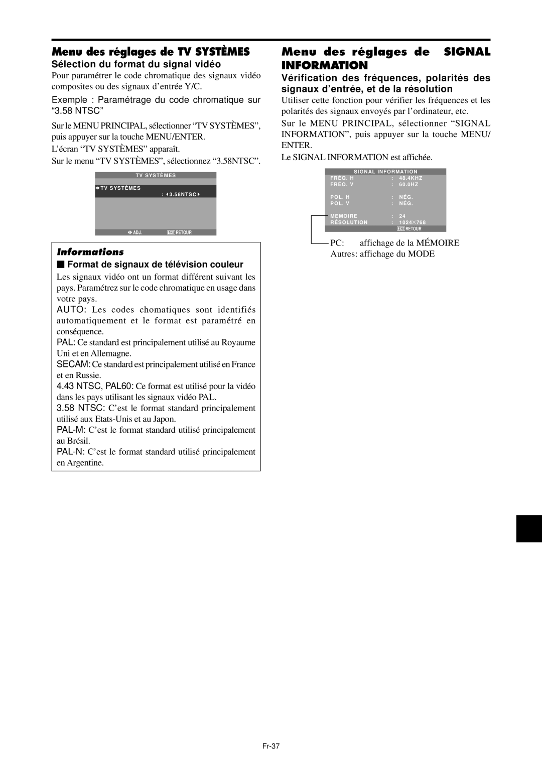 NEC PX-61XM4A, PX-42XM4A manual Menu des réglages de TV Systèmes, Menu des réglages de Signal Information 