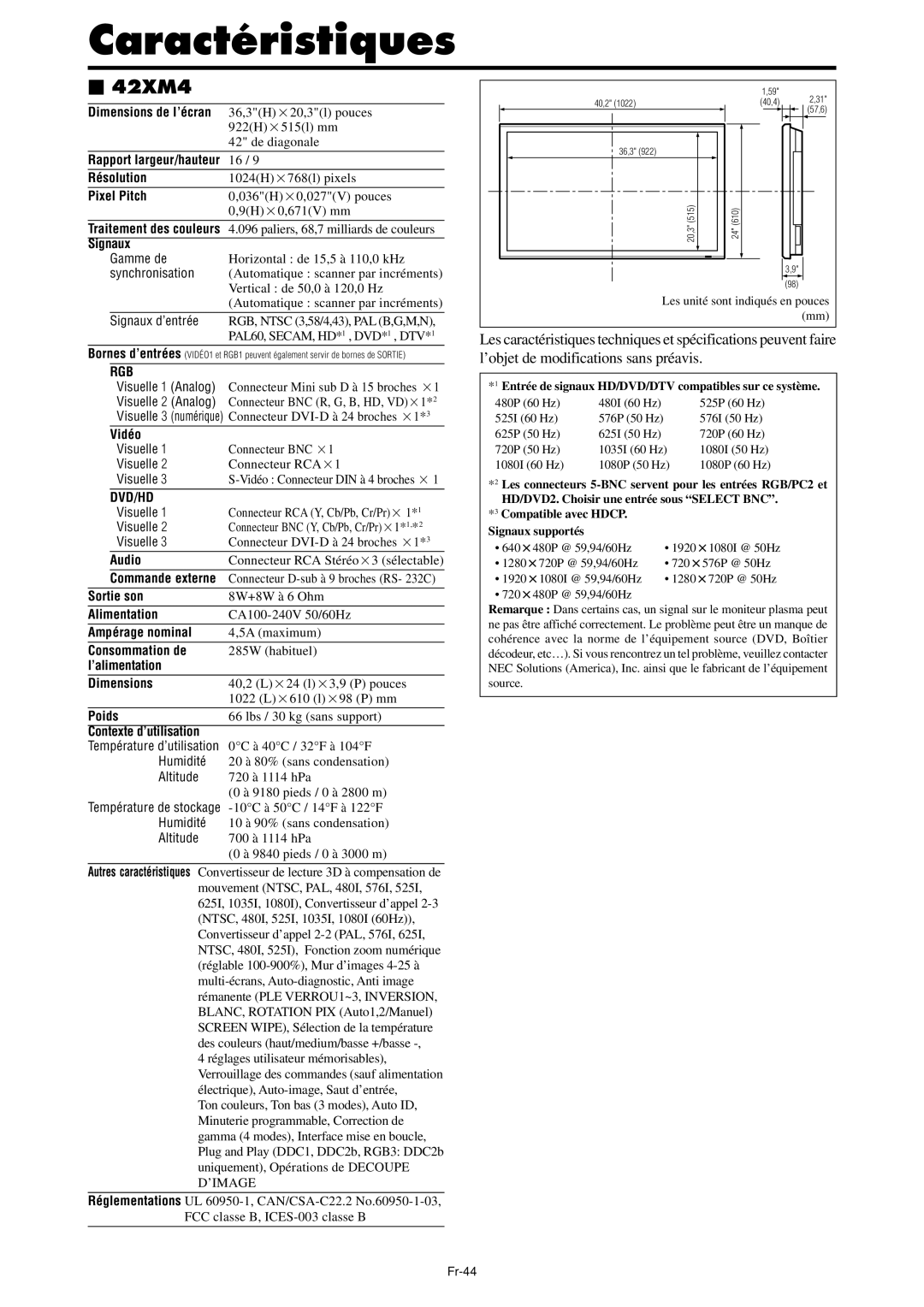 NEC PX-42XM4A, PX-61XM4A manual Caractéristiques, Visuelle, Température d’utilisation 0C à 40C / 32F à 104F, Fr-44 