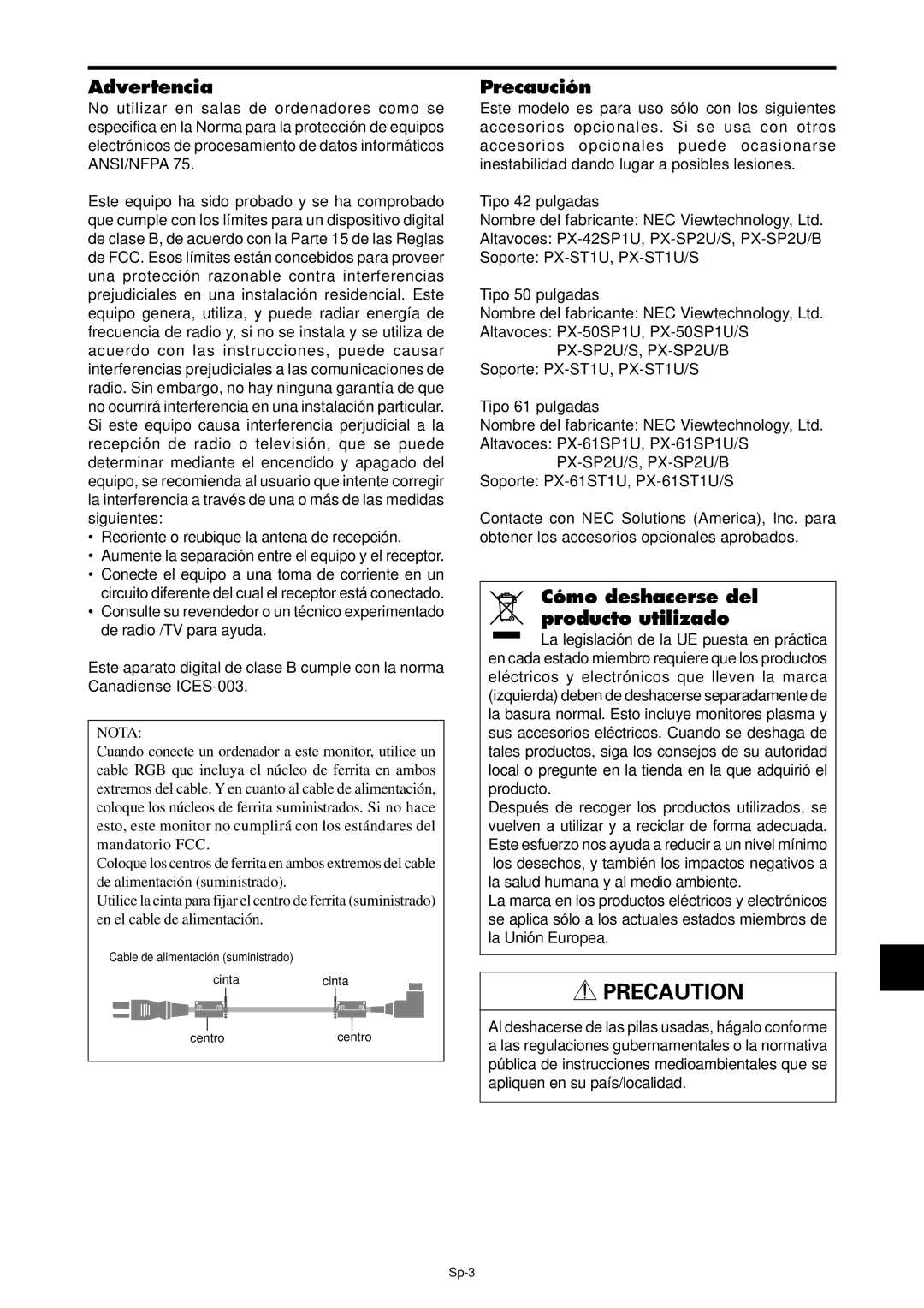 NEC PX-42XM4A, PX-61XM4A manual Advertencia, Precaución, Cómo deshacerse del producto utilizado, Sp-3 