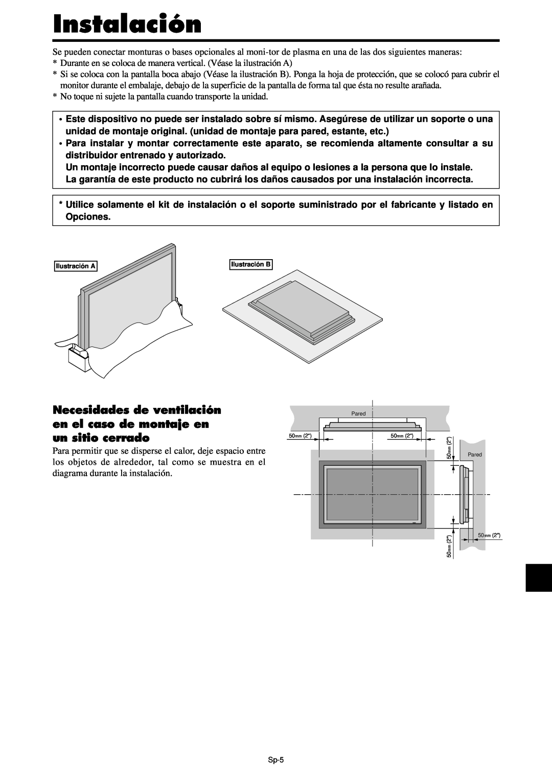NEC PX-42XM4A, PX-61XM4A manual Instalación, Necesidades de ventilación en el caso de montaje en, un sitio cerrado 