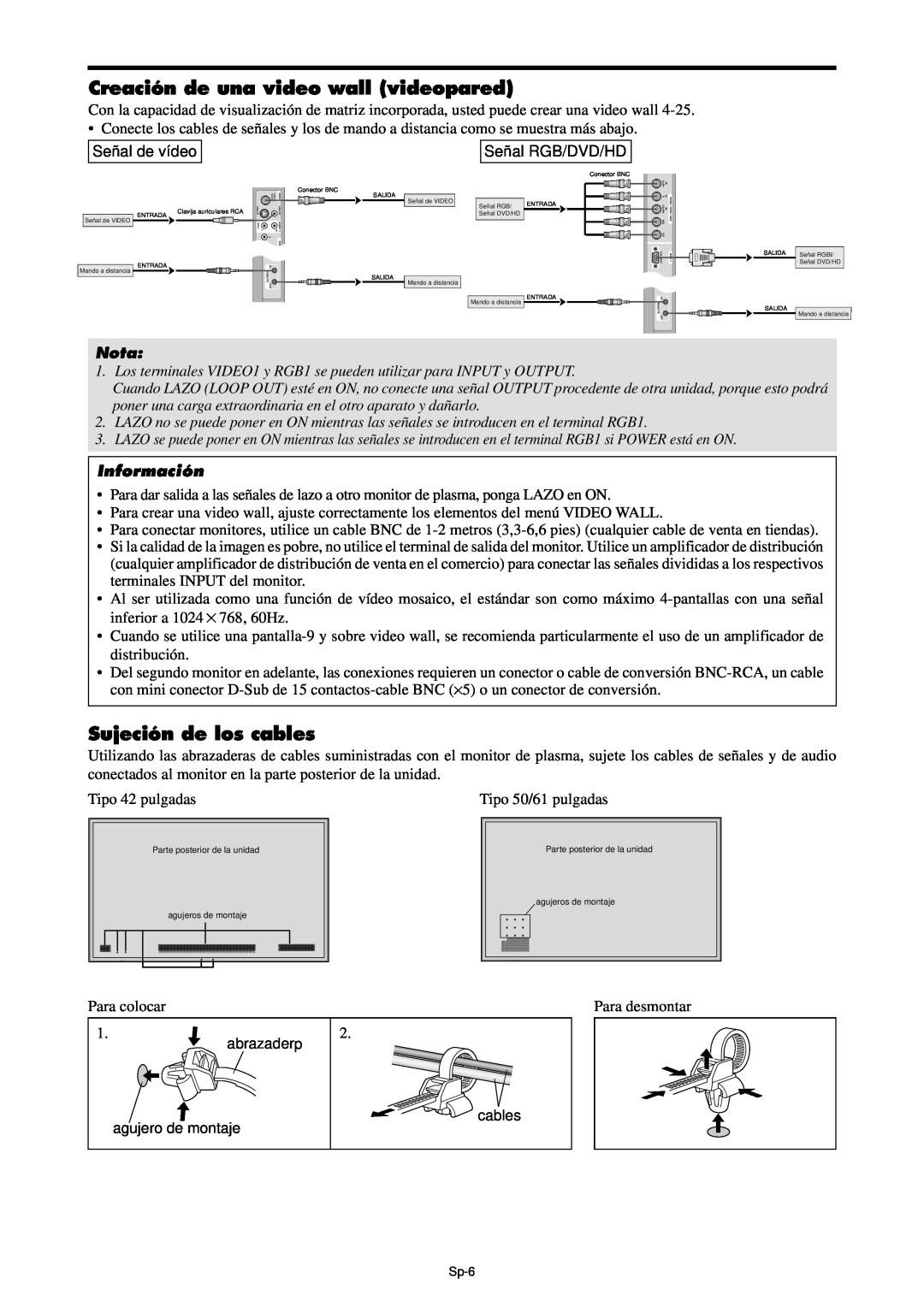 NEC PX-61XM4A, PX-42XM4A manual Creación de una video wall videopared, Sujeción de los cables, Nota, Información 