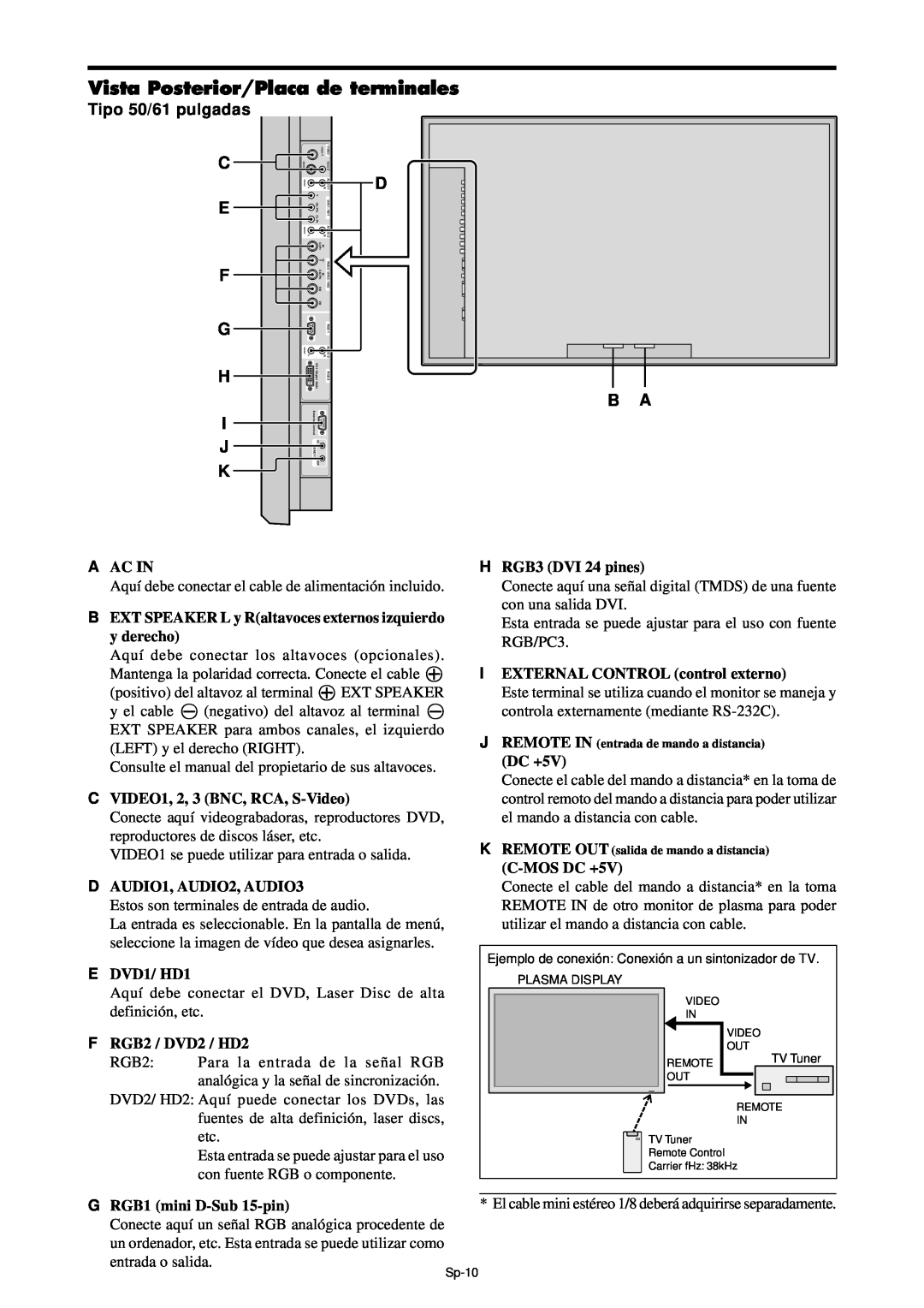 NEC PX-61XM4A, PX-42XM4A manual Vista Posterior/Placa de terminales, Tipo 50/61 pulgadas C E F G H I J K, D B A 