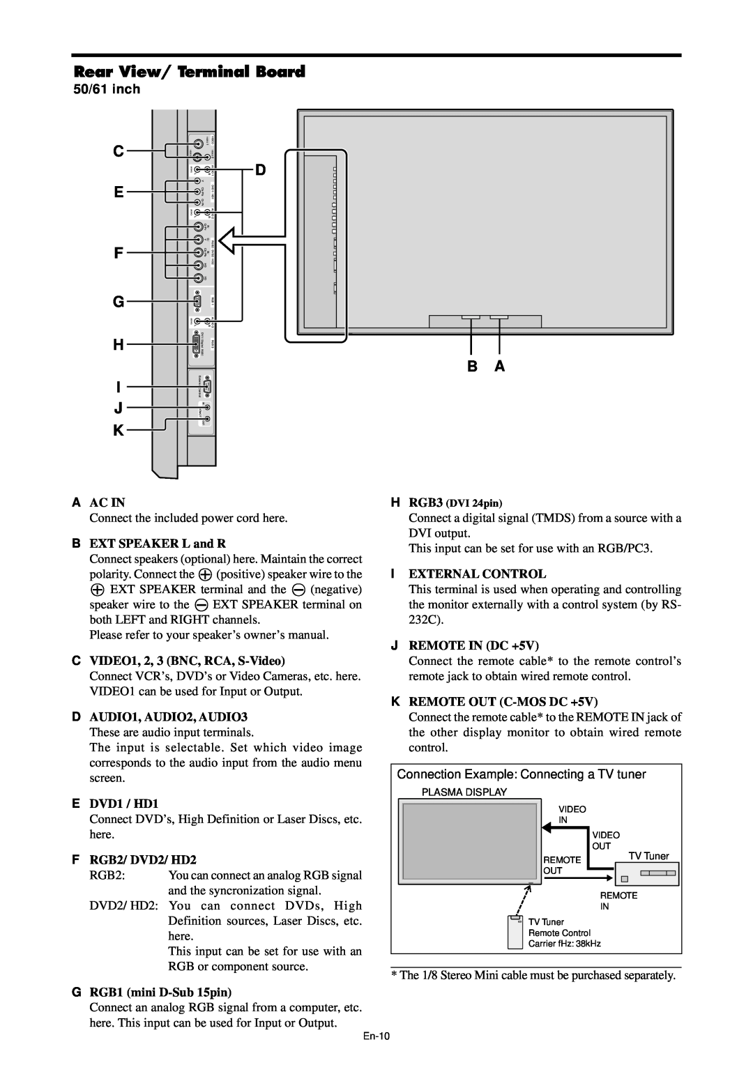 NEC PX-61XM4A, PX-42XM4A manual D B A, Rear View/ Terminal Board, C E F G H I J K, 50/61 inch 