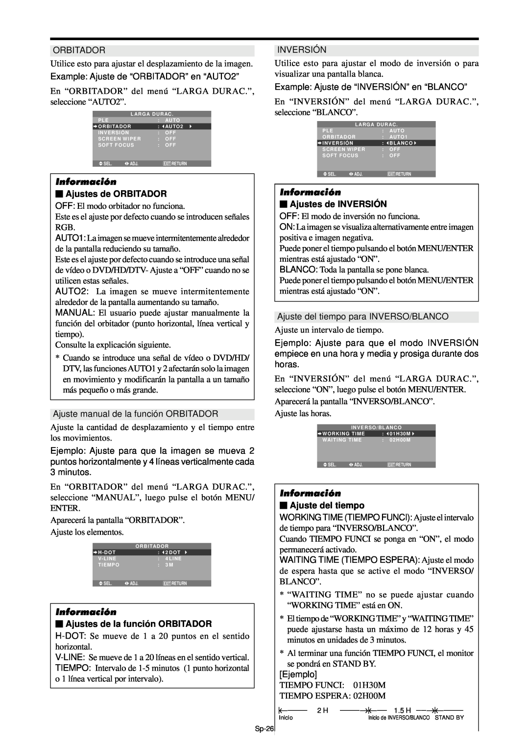 NEC PX-61XM4A, PX-42XM4A manual Información, Ajustes de INVERSIÓ N, Ajustes de la funció n ORBITADOR, Ajuste del tiempo 