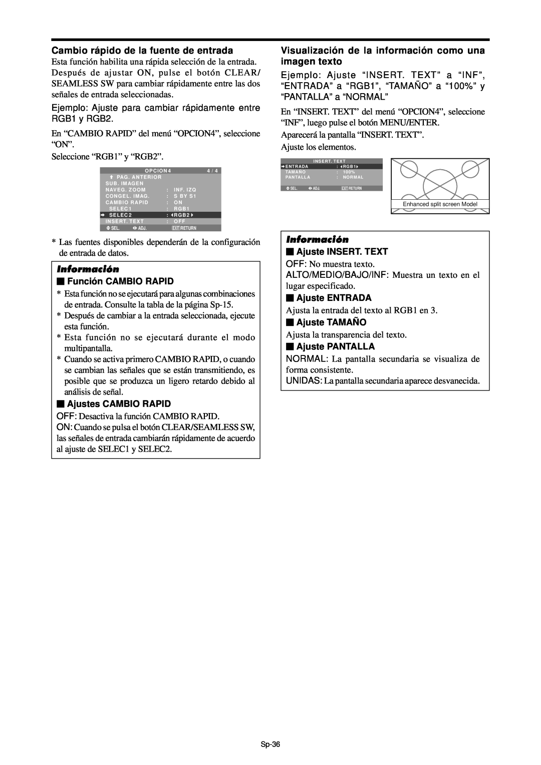 NEC PX-61XM4A Cambio rá pido de la fuente de entrada, Visualizació n de la informació n como una imagen texto, Información 