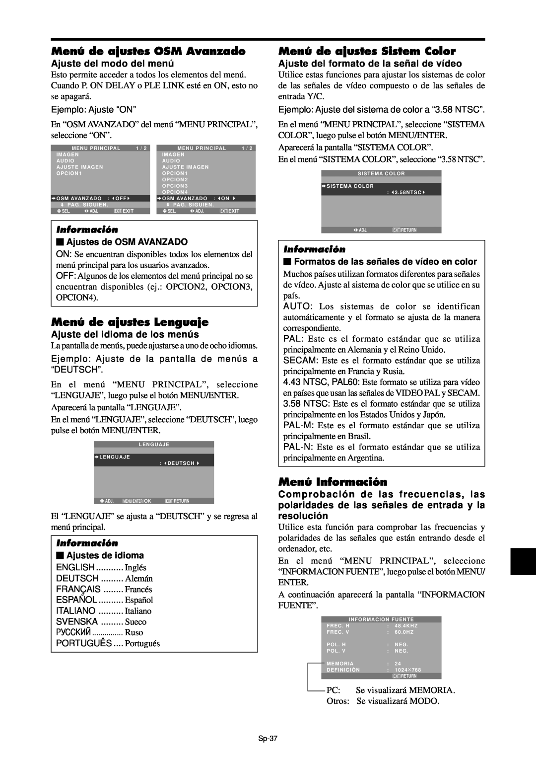 NEC PX-42XM4A manual Menú de ajustes OSM Avanzado, Menú de ajustes Lenguaje, Menú de ajustes Sistem Color, Menú Información 