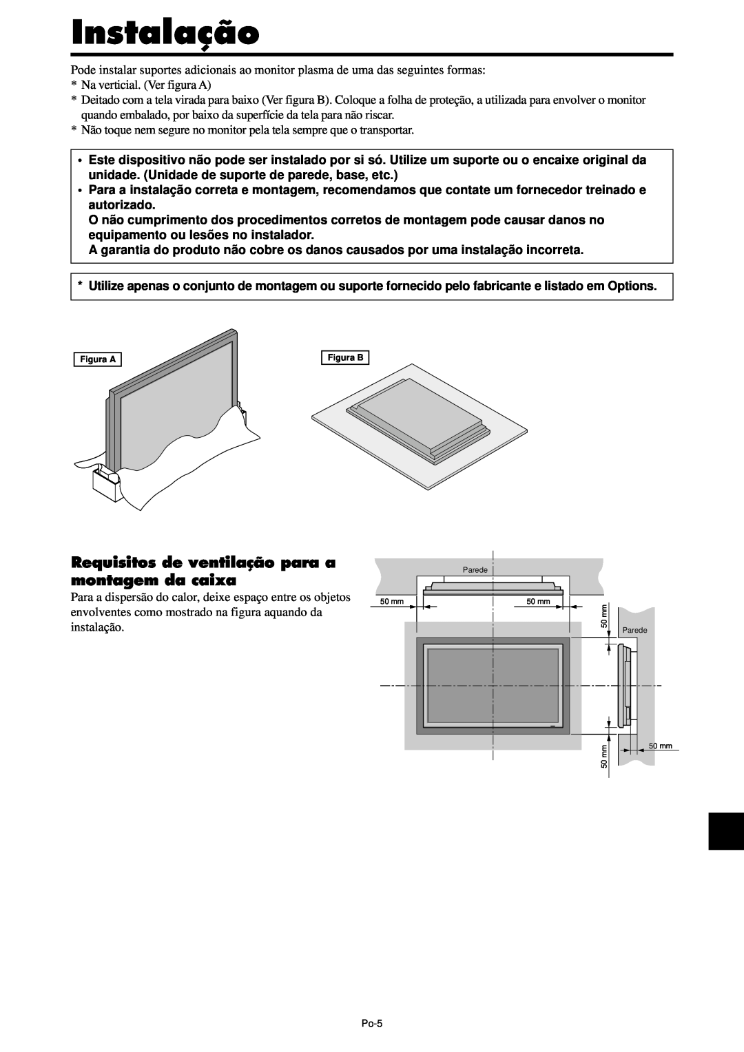 NEC PX-61XM4A, PX-42XM4A manual Instalação, Requisitos de ventilação para a montagem da caixa 