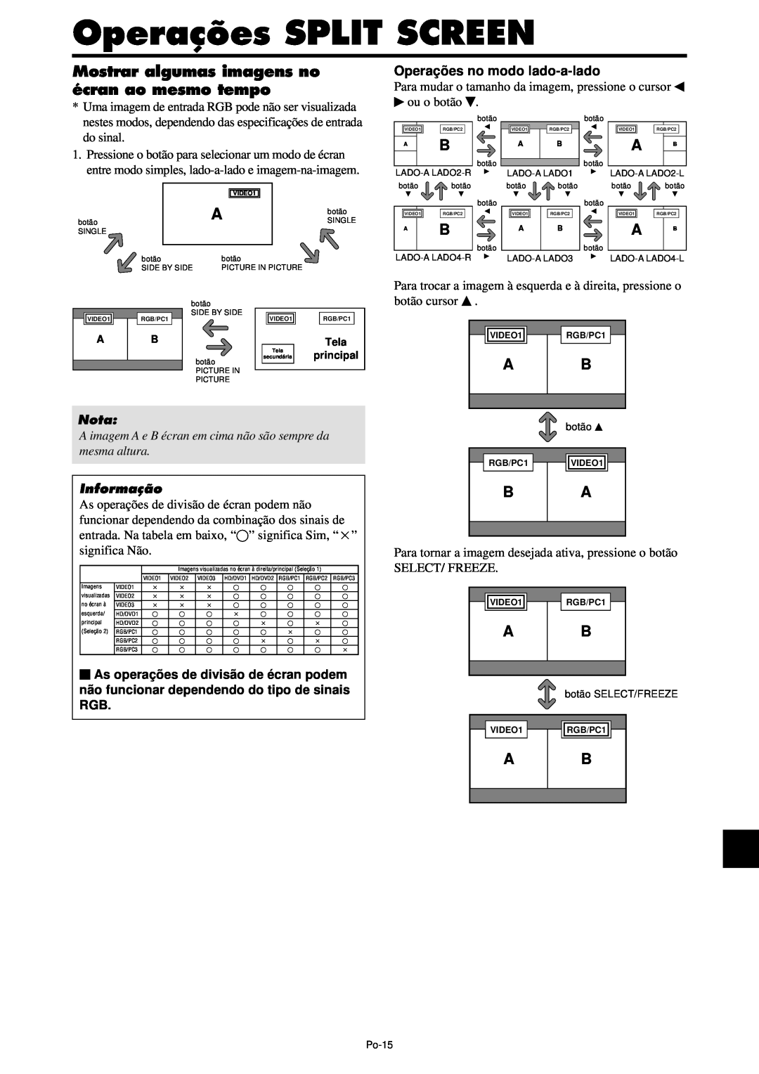 NEC PX-61XM4A, PX-42XM4A manual Operações SPLIT SCREEN, Mostrar algumas imagens no écran ao mesmo tempo 