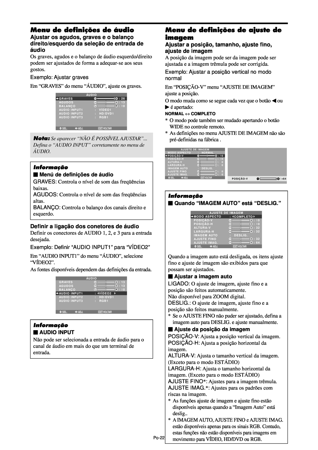 NEC PX-42XM4A, PX-61XM4A manual Menu de definições de áudio, Menu de definições de ajuste de imagem, Informação, Audio Input 