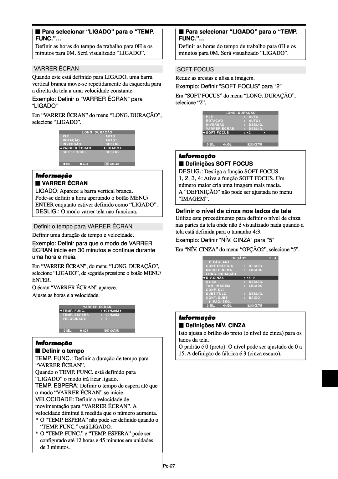 NEC PX-61XM4A manual Definir o nível de cinza nos lados da tela, Para selecionar “LIGADO” para o “TEMP. FUNC.”…, Informação 