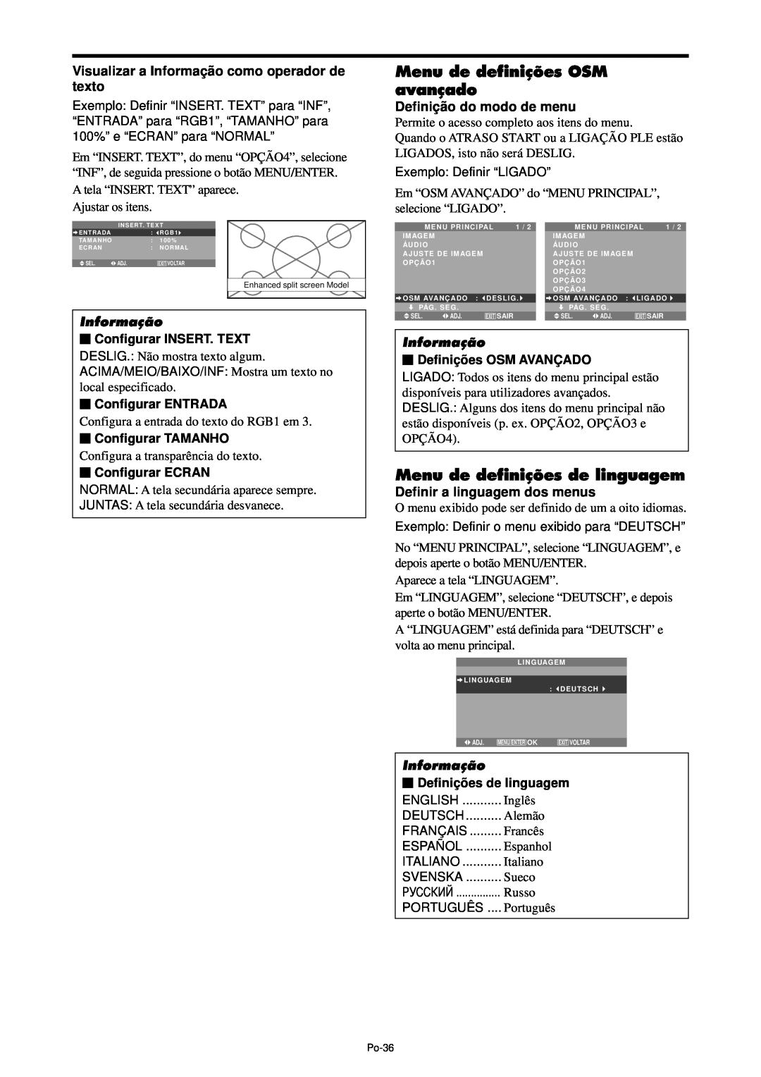 NEC PX-42XM4A Menu de definições OSM avançado, Menu de definições de linguagem, Definiçã o do modo de menu, Informação 