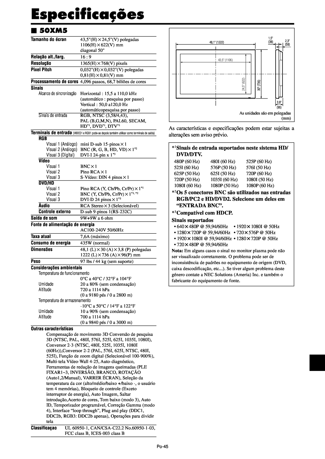 NEC PX-61XM4A, PX-42XM4A manual Especificações, 50XM5 