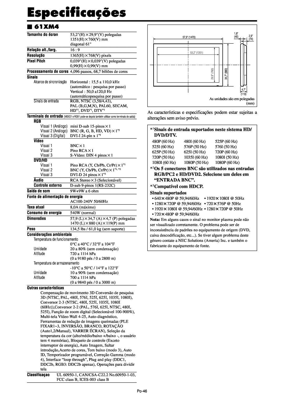 NEC PX-42XM4A, PX-61XM4A manual Especificações 