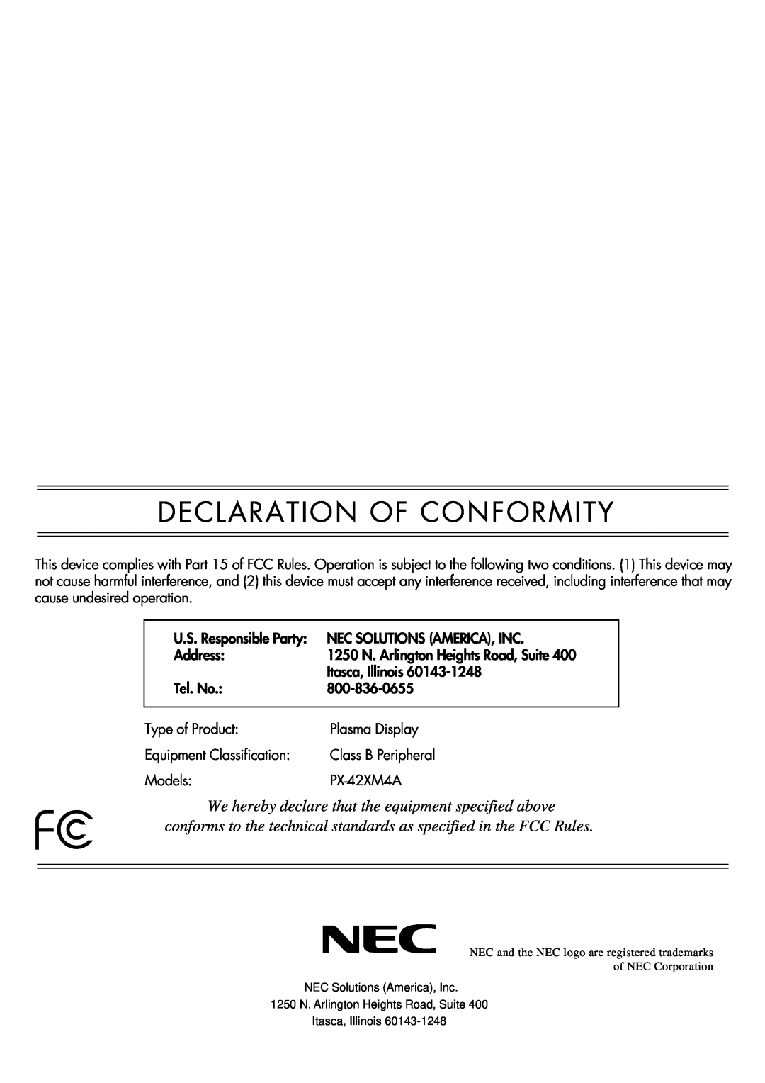 NEC PX-42XM4A, PX-61XM4A manual Declaration Of Conformity 