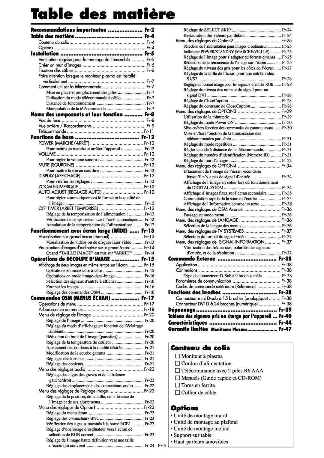 NEC PX-42XM4A Table des matière, Contenu du colis, Options, Fr-2, Fr-4, Fr-5, Fr-8, Fr-12, Fr-13, Fr-15, Fr-17, Fr-38 