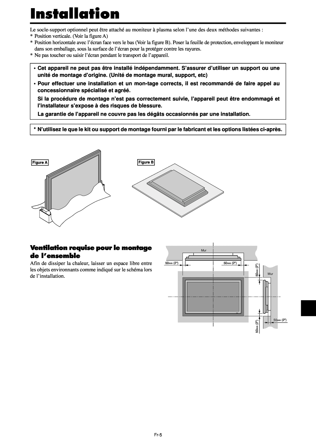 NEC PX-61XM4A, PX-42XM4A manual Ventilation requise pour le montage de l’ensemble, Installation 