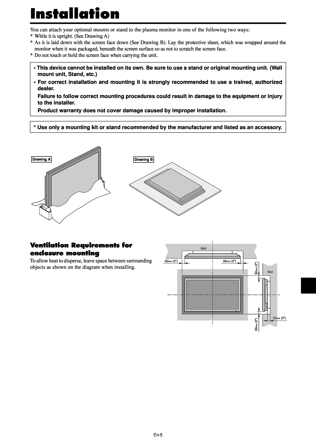 NEC PX-42XM4A, PX-61XM4A manual Installation, Ventilation Requirements for enclosure mounting 
