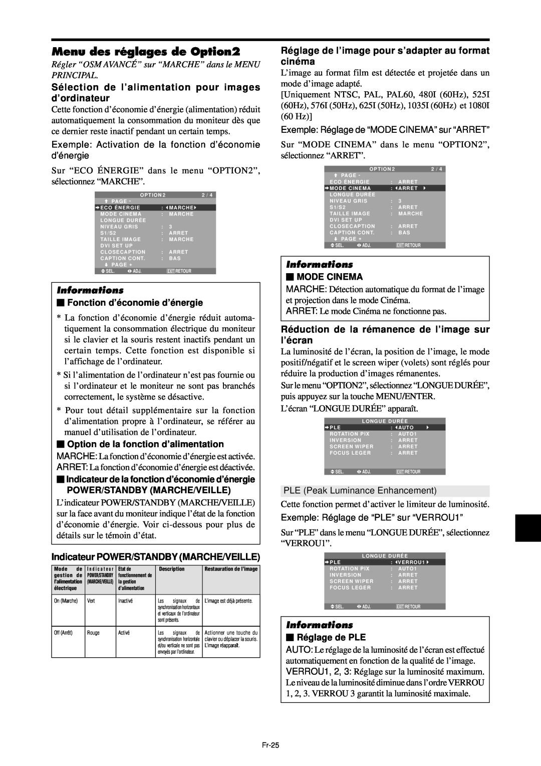 NEC PX-61XM4A, PX-42XM4A Menu des réglages de Option2, Sélection de l’alimentation pour images d’ordinateur, Informations 
