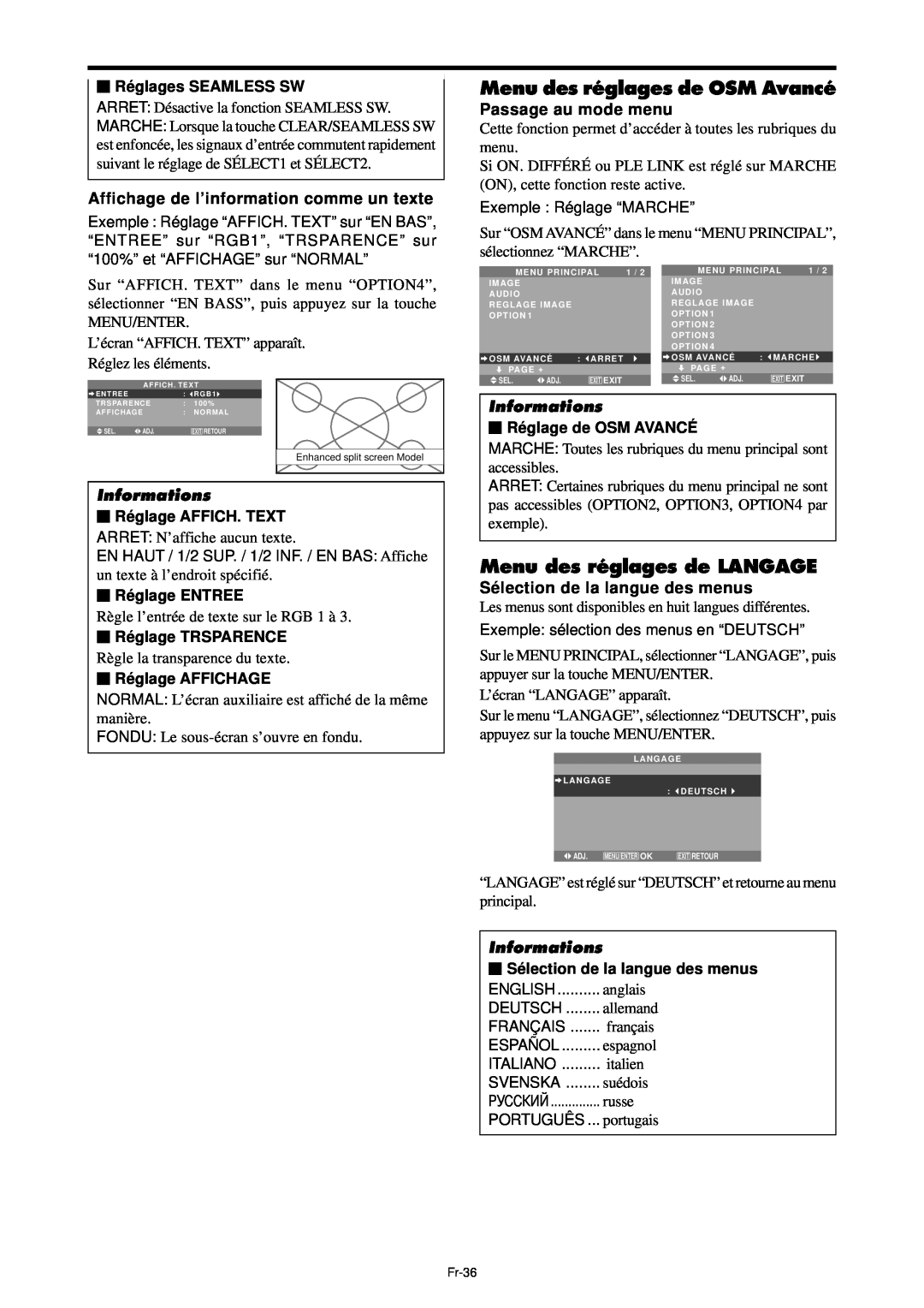 NEC PX-42XM4A Menu des réglages de OSM Avancé, Menu des réglages de LANGAGE, Affichage de l’information comme un texte 