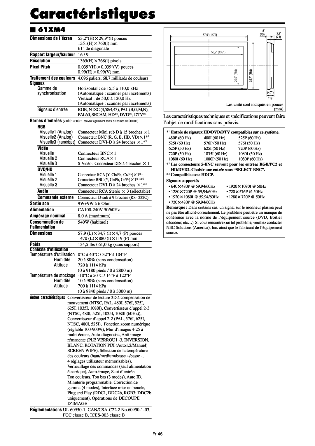 NEC PX-42XM4A manual Caractéristiques, 61XM4, Entrée de signaux HD/DVD/DTV compatibles sur ce système, Signaux supportés 