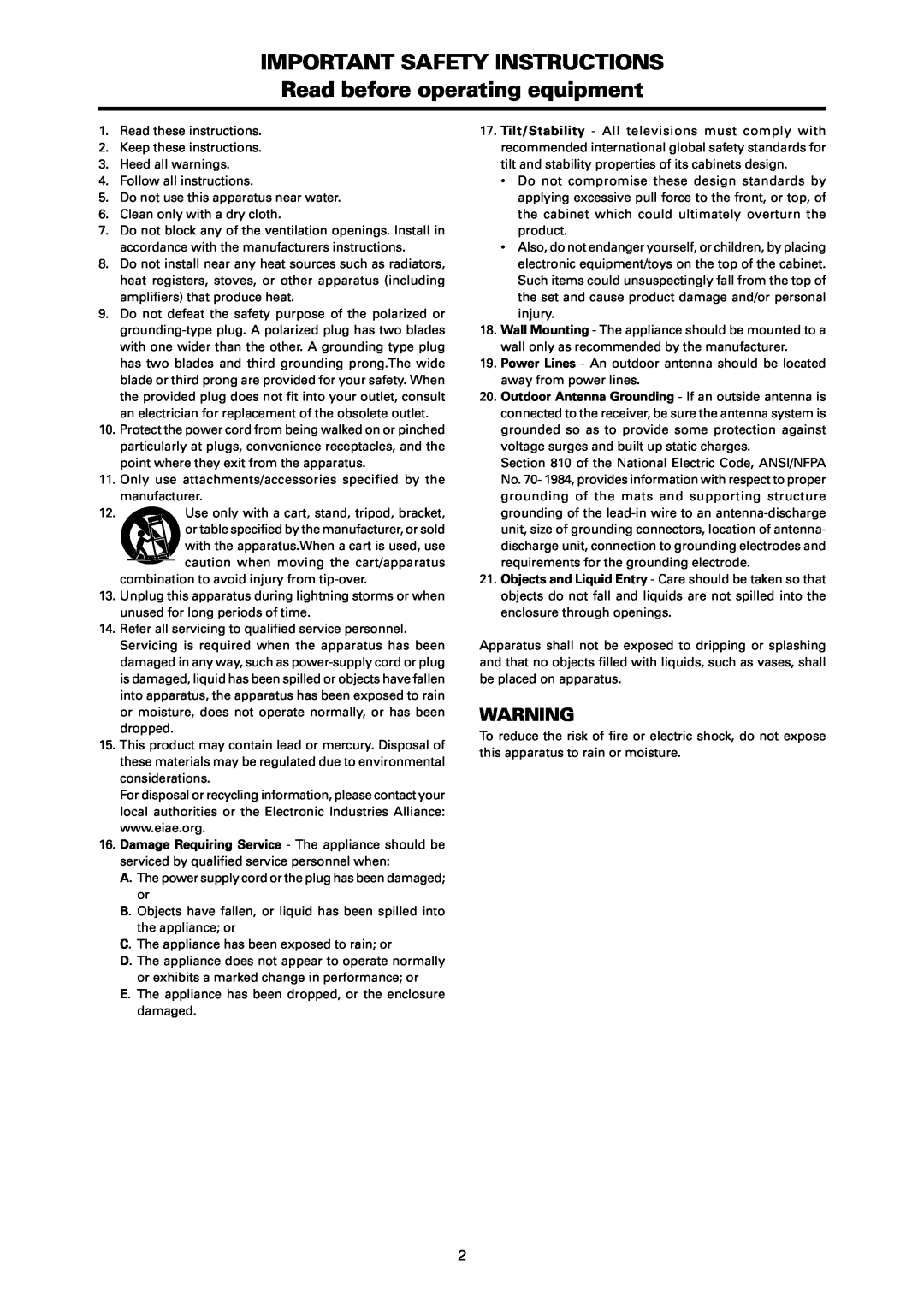 NEC PX-42XR3A operation manual Important Safety Instructions, Read before operating equipment 