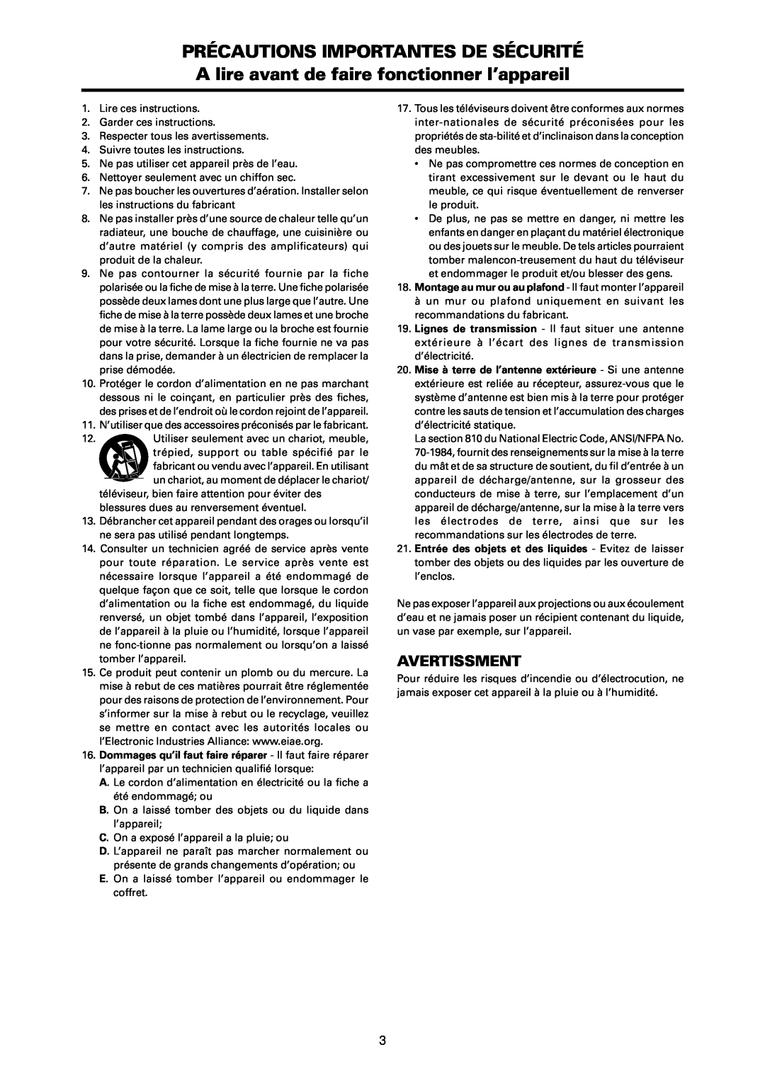 NEC PX-42XR3A operation manual Avertissment 