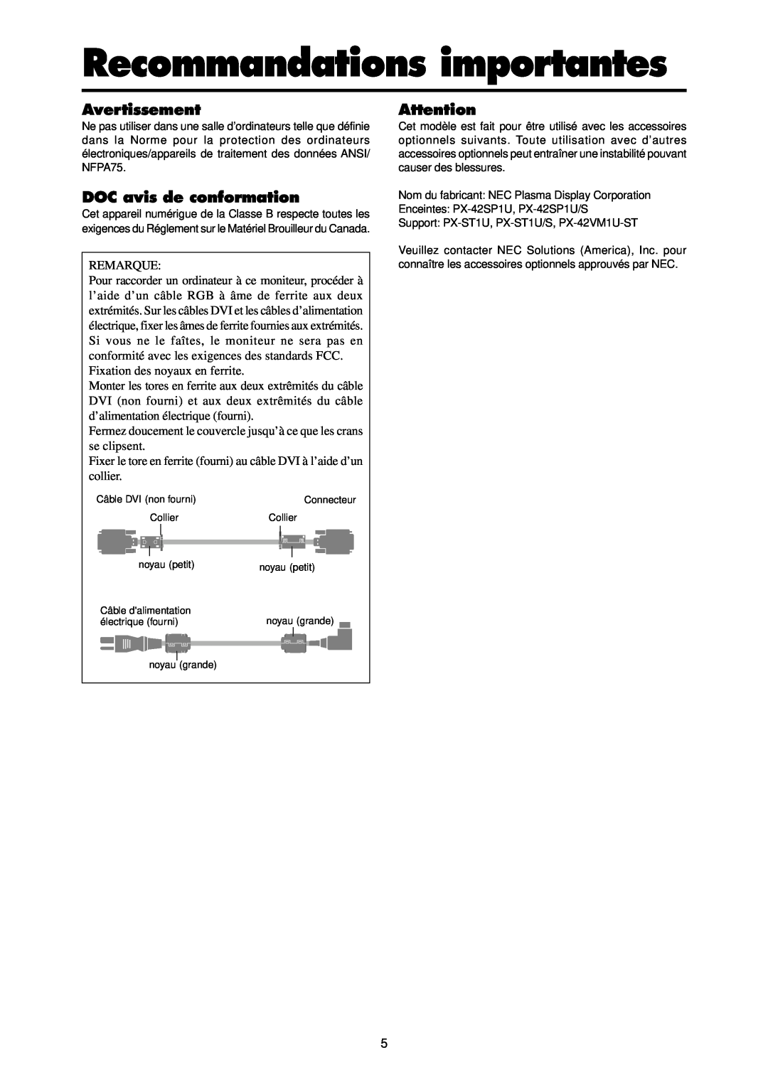 NEC PX-42XR3A operation manual Recommandations importantes, Avertissement, DOC avis de conformation 