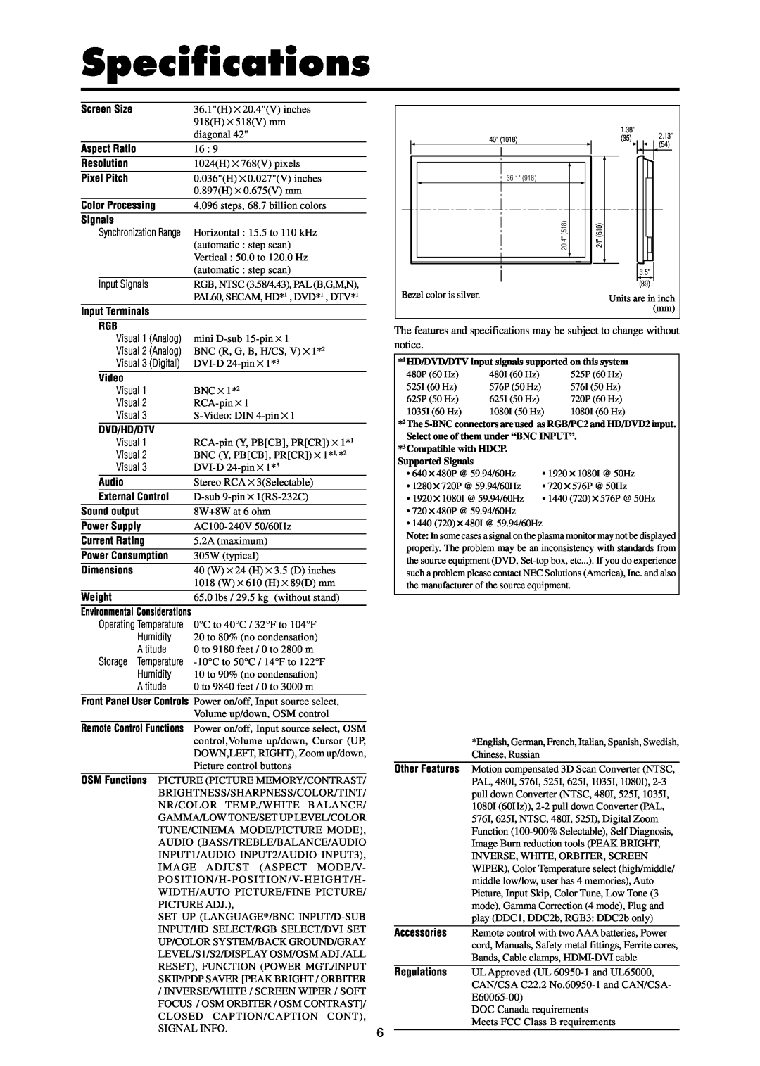 NEC PX-42XR3A operation manual Specifications 