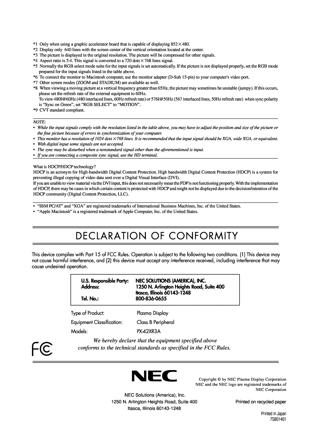 NEC PX-42XR3A operation manual Declaration Of Conformity 
