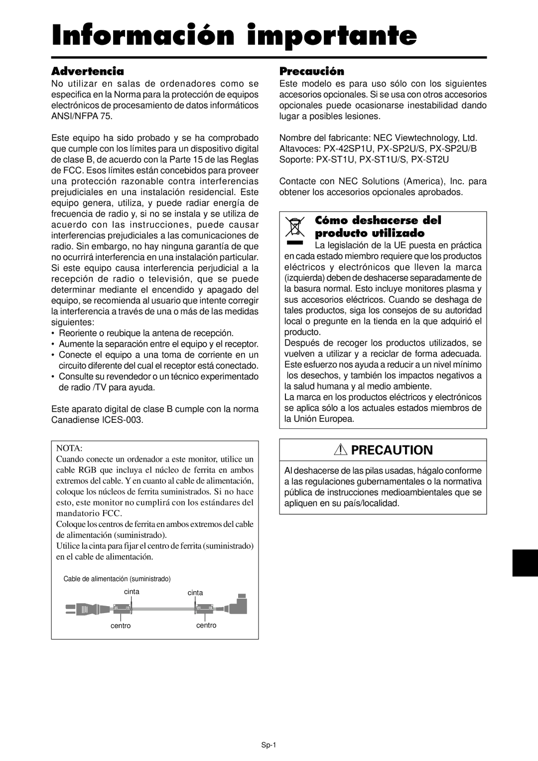 NEC PX-42XR4A manual Información importante, Advertencia, Precaución, Cómo deshacerse del producto utilizado 