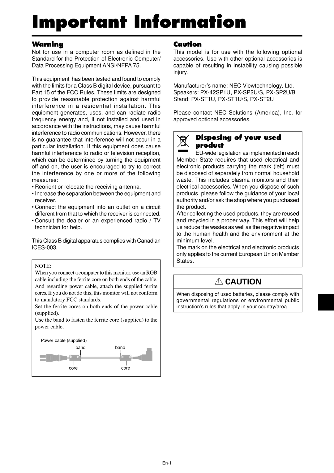 NEC PX-42XR4A manual Important Information, Disposing of your used product 