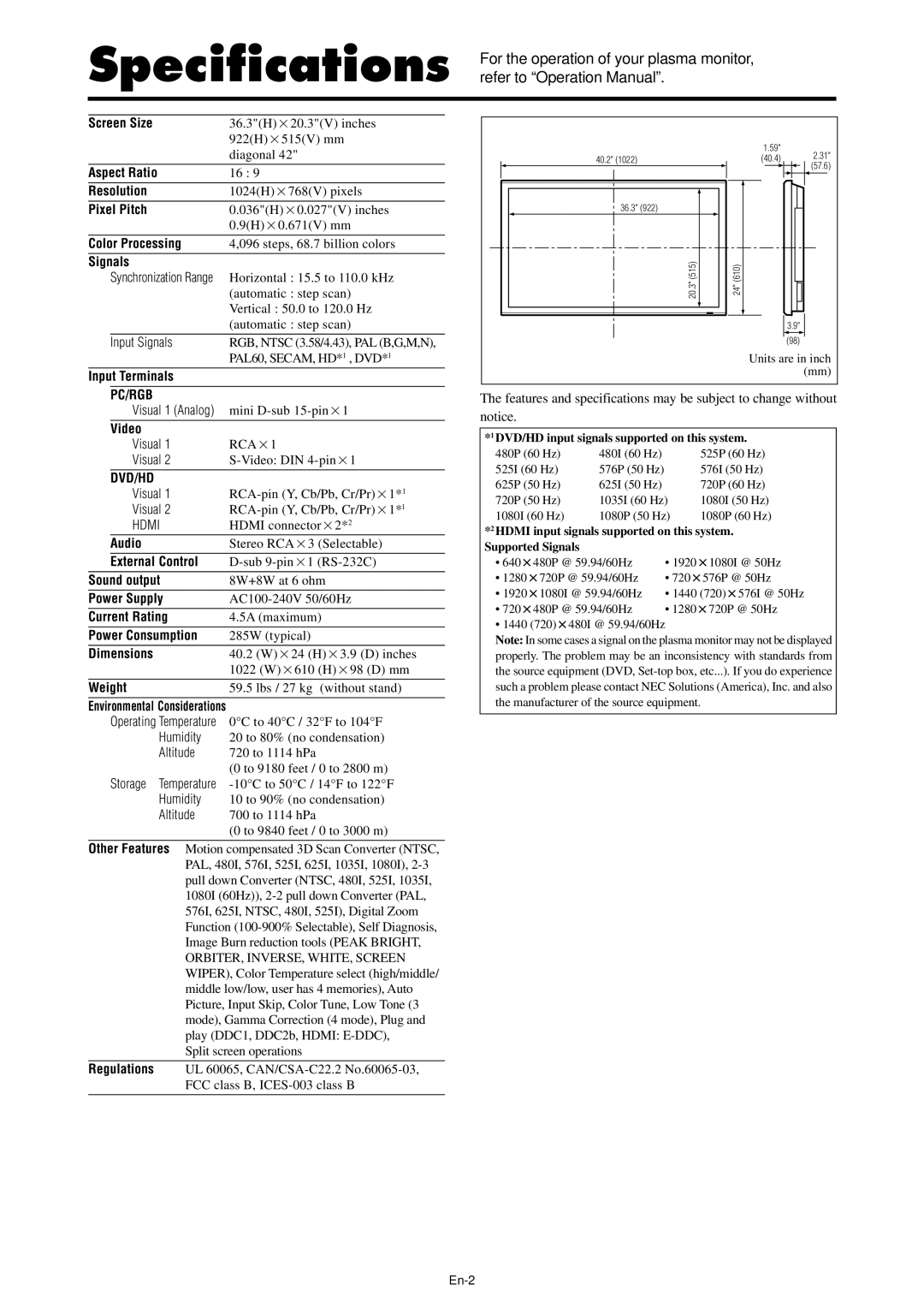 NEC PX-42XR4A manual Pc/Rgb, Dvd/Hd 