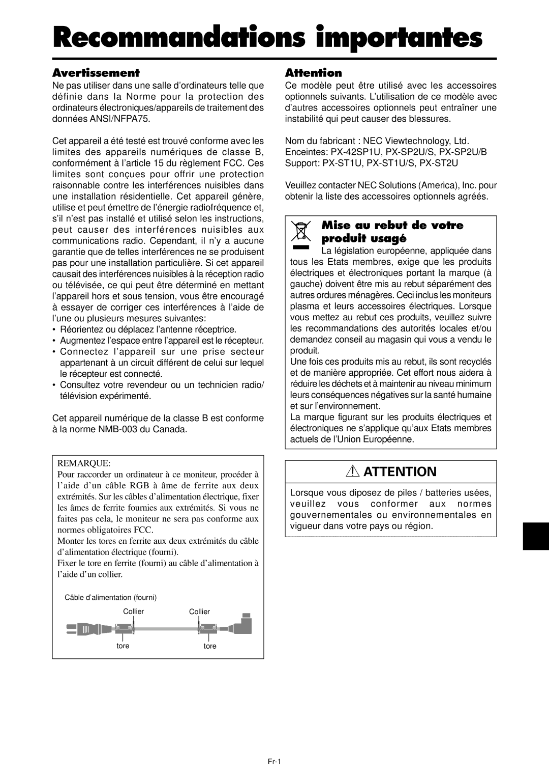 NEC PX-42XR4A manual Recommandations importantes, Avertissement, Mise au rebut de votre produit usagé 