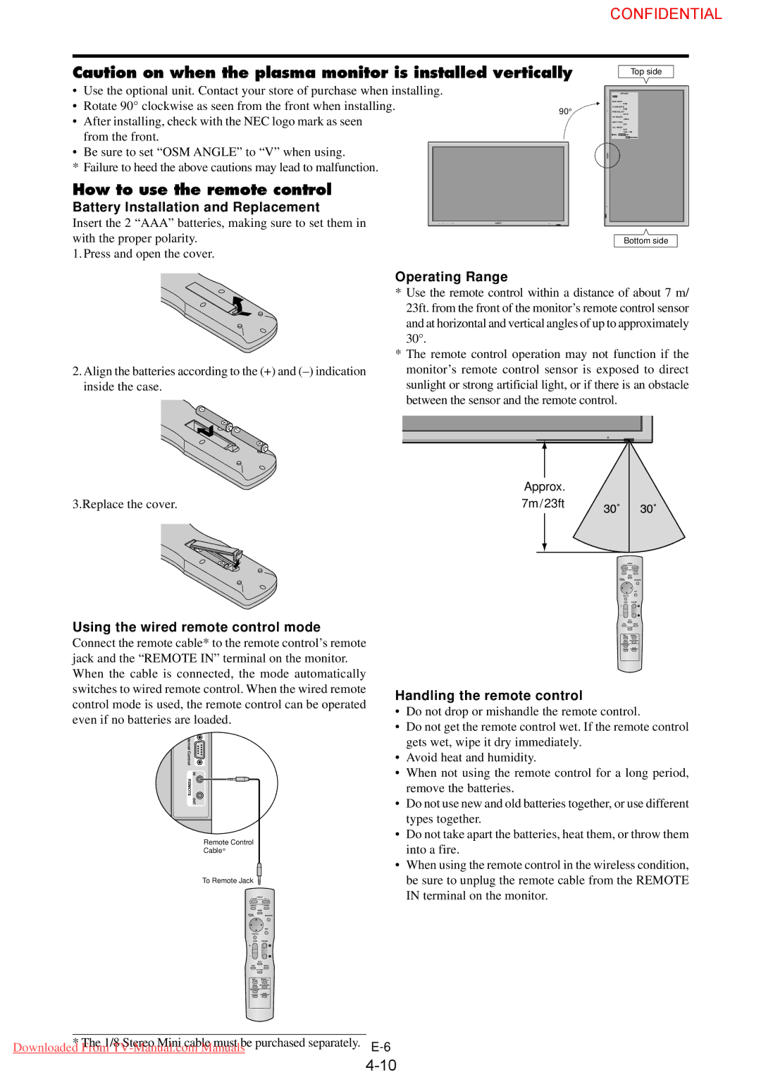 NEC PX-50XM4G, PlasmaSync 50XM4 How to use the remote control, Battery Installation and Replacement, Operating Range 