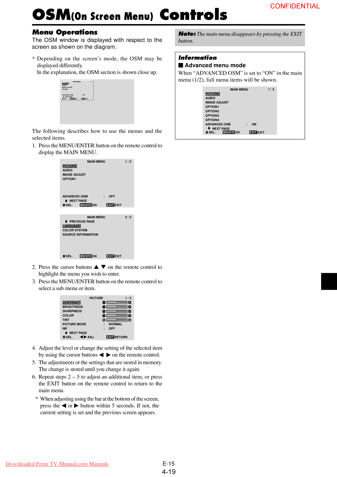 NEC PlasmaSync 50XM4, PX-50XM4G user manual Menu Operations,  Advanced menu mode 