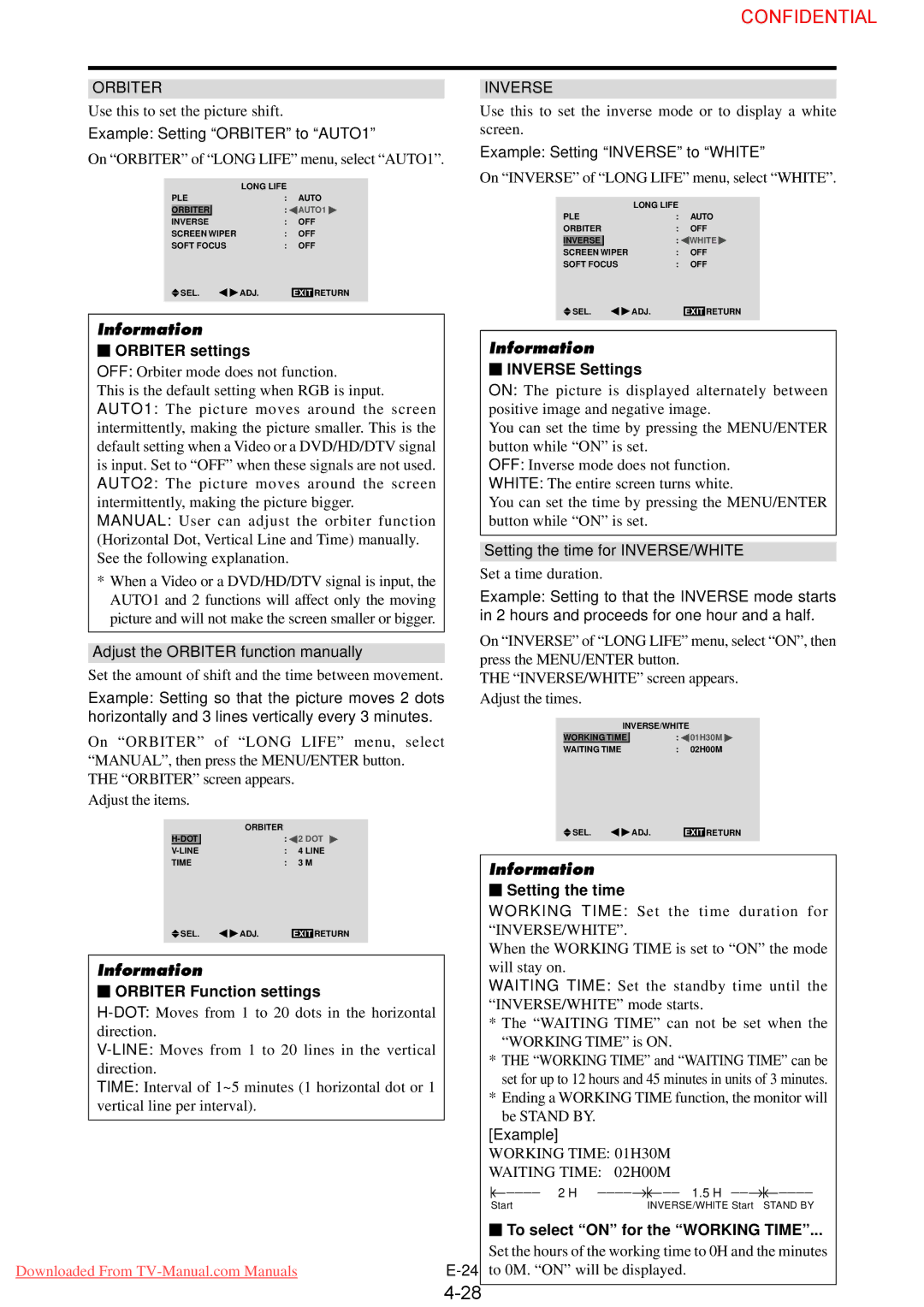 NEC PX-50XM4G, PlasmaSync 50XM4 user manual Orbiter settings, Inverse Settings, Orbiter Function settings, Setting the time 