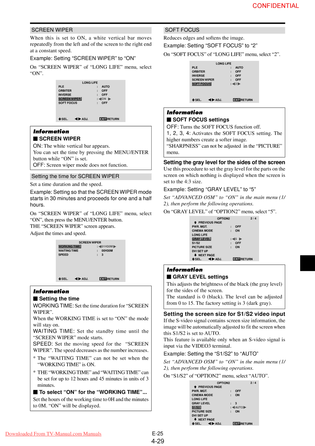 NEC PlasmaSync 50XM4 Setting the gray level for the sides of the screen, Setting the screen size for S1/S2 video input 