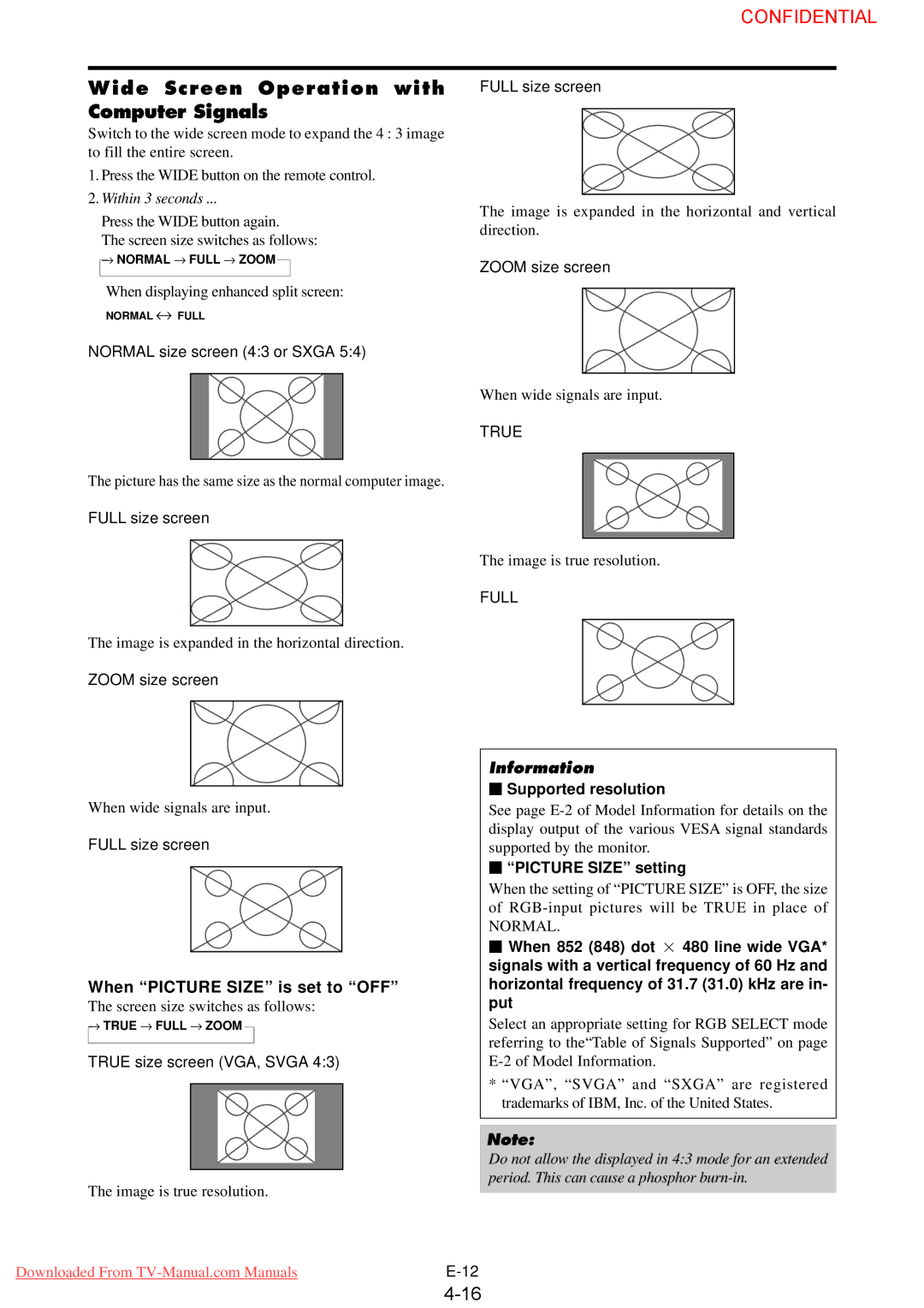 NEC PX-50XM4G user manual When Picture Size is set to OFF, True, Full,  Supported resolution,  Picture Size setting 