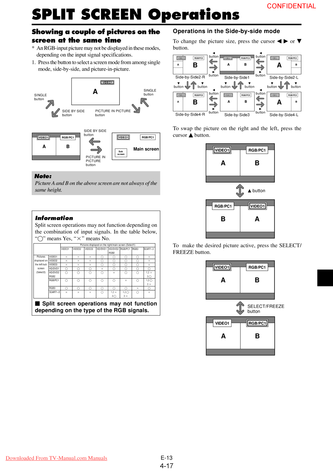 NEC PX-50XM4G user manual Split Screen Operations, Showing a couple of pictures on the screen at the same time 