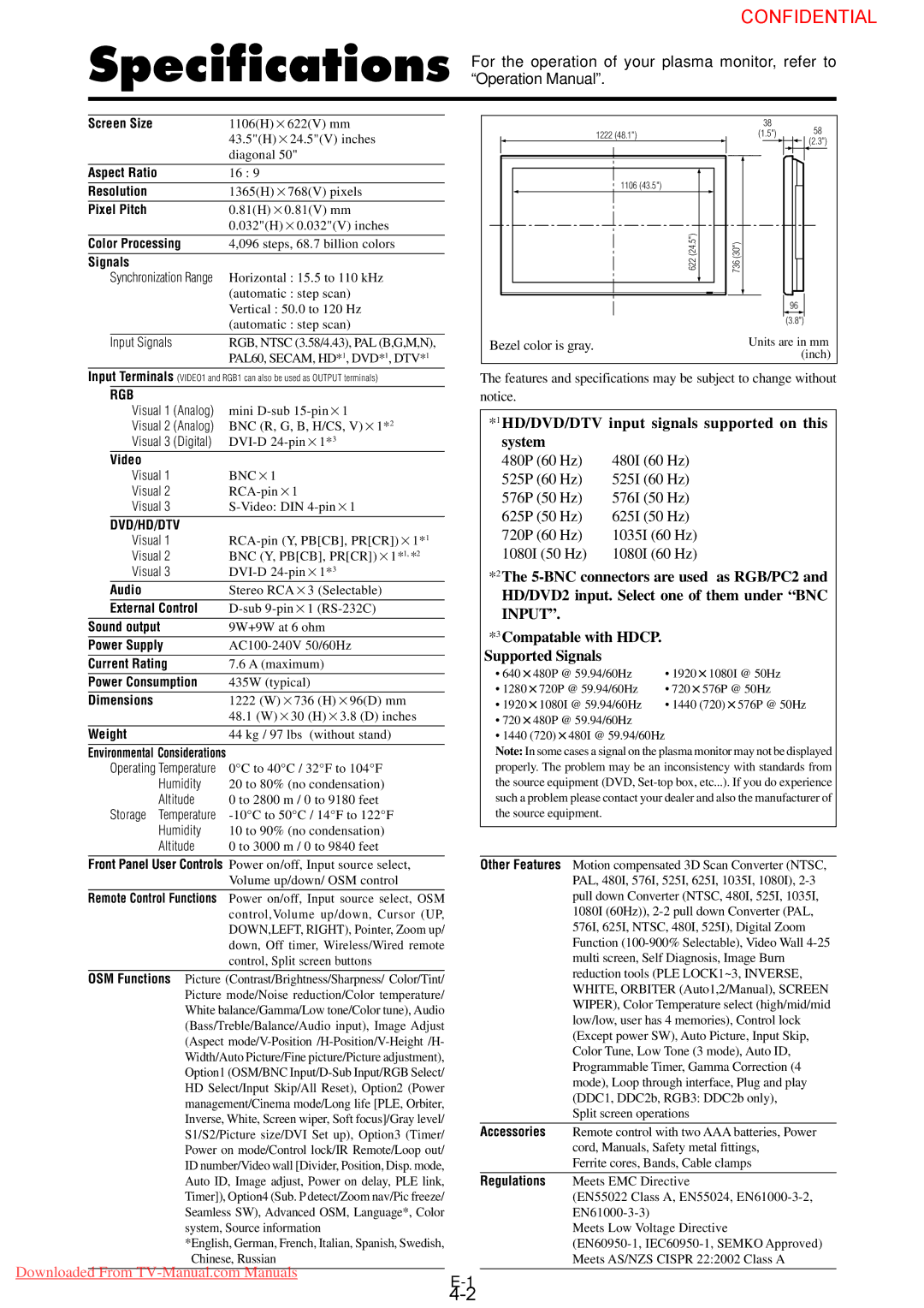 NEC PX-50XM4G user manual HD/DVD/DTV input signals supported on this system, Signals 