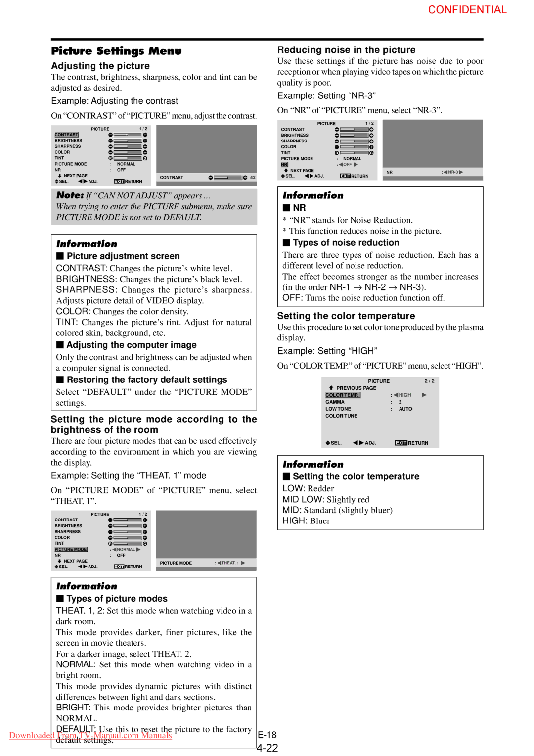 NEC PX-50XM4G Picture Settings Menu, Adjusting the picture, Reducing noise in the picture, Setting the color temperature 