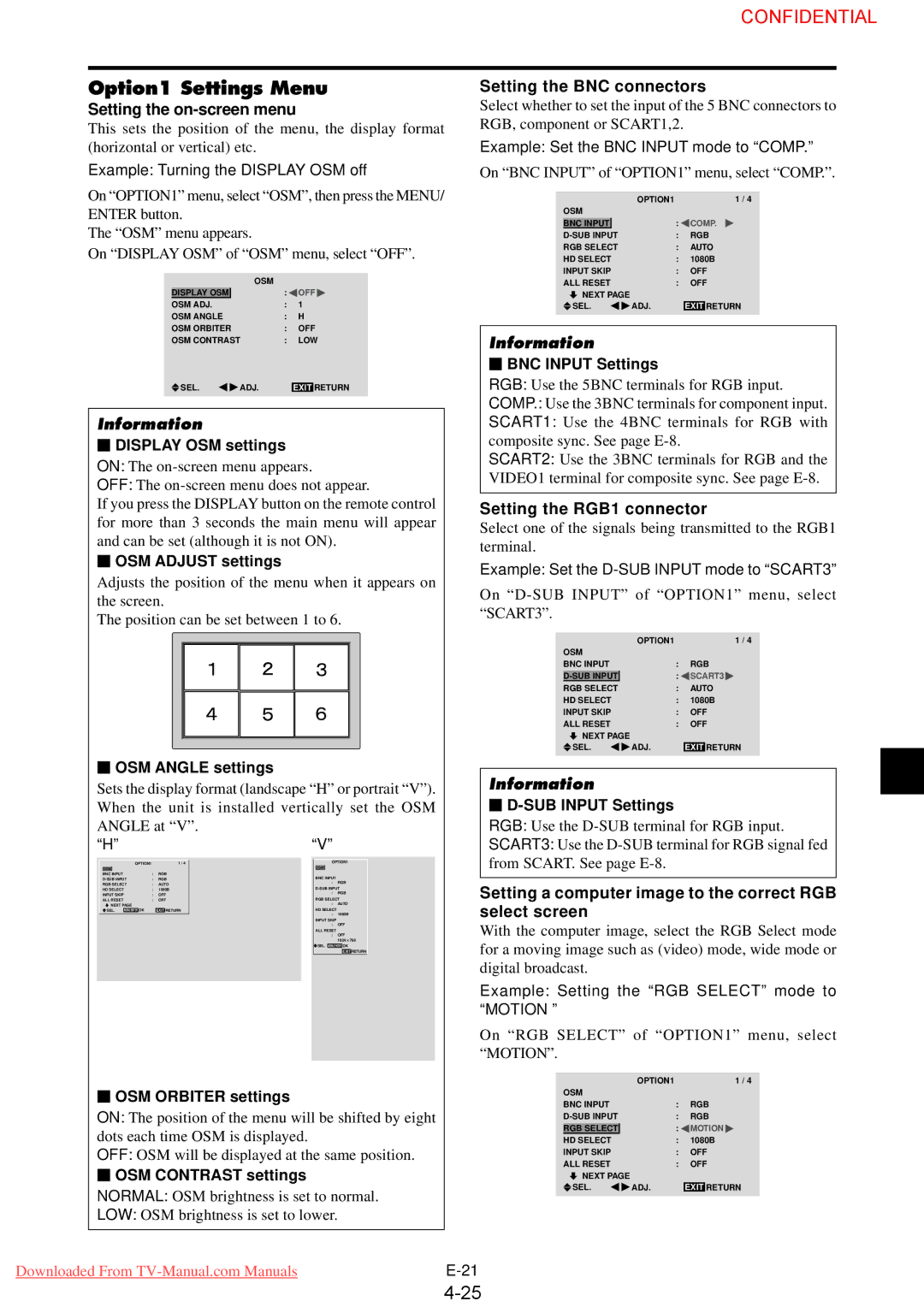 NEC PX-50XM4G Option1 Settings Menu, Setting the on-screen menu, Setting the BNC connectors, Setting the RGB1 connector 