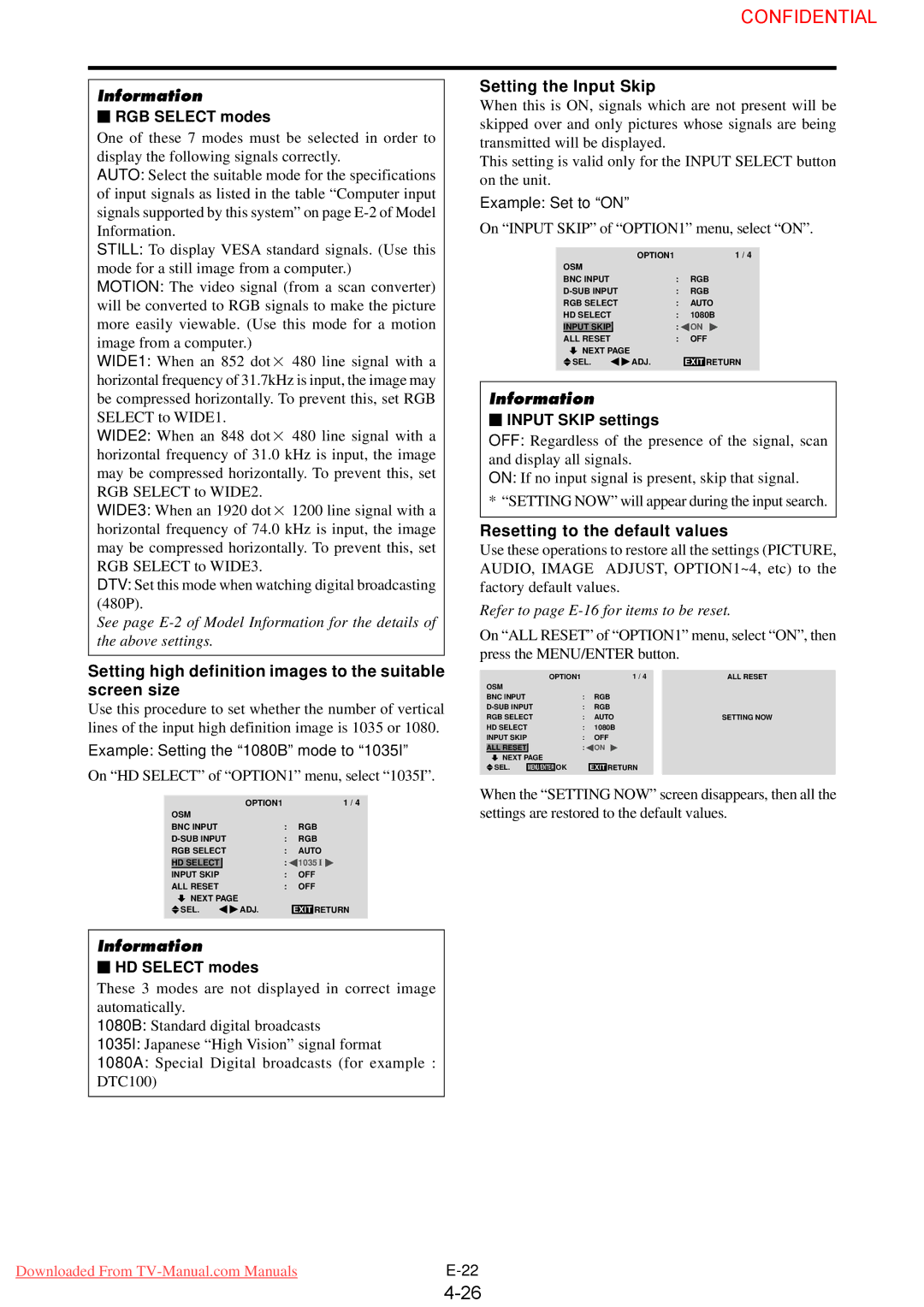 NEC PX-50XM4G user manual Setting the Input Skip, Resetting to the default values 