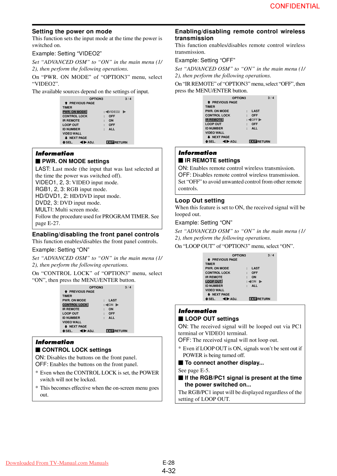 NEC PX-50XM4G user manual Setting the power on mode, Enabling/disabling the front panel controls, Loop Out setting 