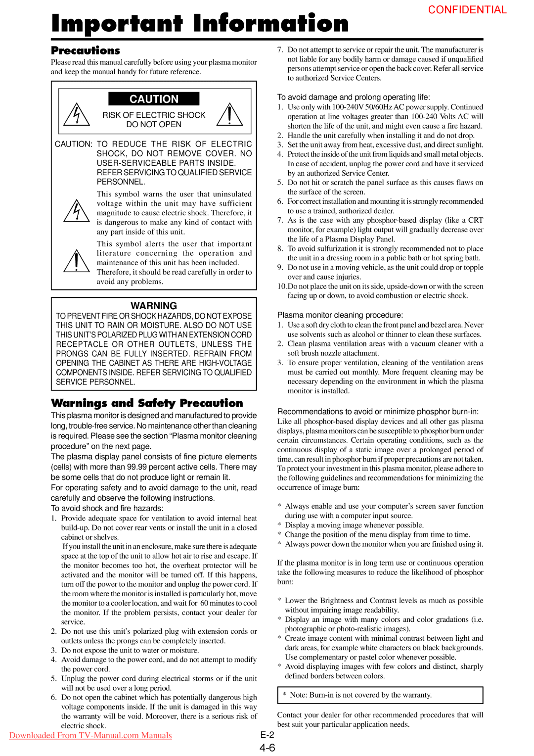 NEC PX-50XM4G user manual Important Information, Precautions 